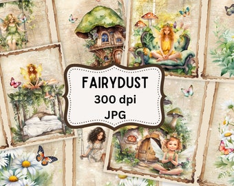 May include: A digital collage of nine images featuring fairies in a whimsical woodland setting. The images include fairies sitting on a sofa, a bed, and a swing, as well as fairies flying and sitting near mushrooms and flowers. The text "FAIRYDUST 300 dpi JPG" is displayed in the centre of the collage.