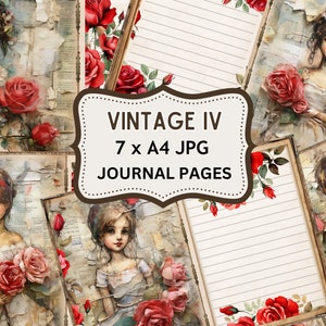 Disegno ad acquerello Pagine di diario spazzatura floreali, bellissimo collage stampabile, pagine di album, kit Digi, ragazza rossa stampabile, quaderno, fiori fai da te,