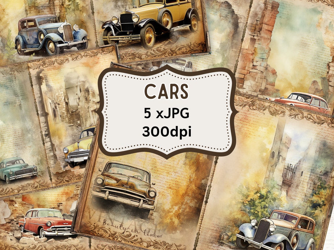 Journal Sticker Cars Vintage Cars Watercolor Junk Journal Pages,printable Grunge Collage ...