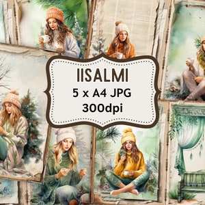 Diario spazzatura invernale, Pagine di diario accoglienti, Carte collage shabby stampabili, Album dei ritagli, Kit Digi, Diario spazzatura stampabile, Quaderno, pino, signore