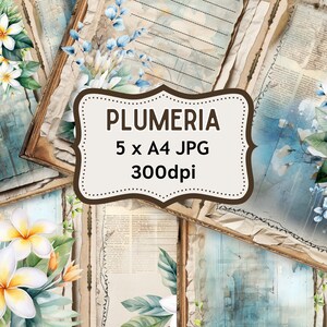 Conception aquarelle Pages de journal indésirable floral, beau collage imprimable, fleurs de scrapbooking, kit Digi, journal Plumeria, ordinateur portable, fleurs bricolage,