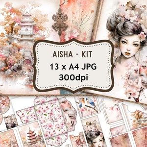 Pagina del diario giapponese Geisha, documenti stampabili per collage di fiori shabby, album di ritagli, kit Digi, bellissimo pastello, busta vintage, acquerello, fai da te