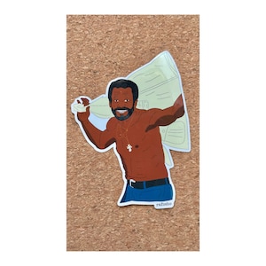 Könnte beinhalten: Ein Aufkleber mit einer Cartoon-Illustration eines lächelnden Mannes mit Bart, der blaue Jeans und eine Halskette trägt. Er hält eine hellgrüne Jacke über seiner Schulter. Der Aufkleber hat unten den Text "rafosho".