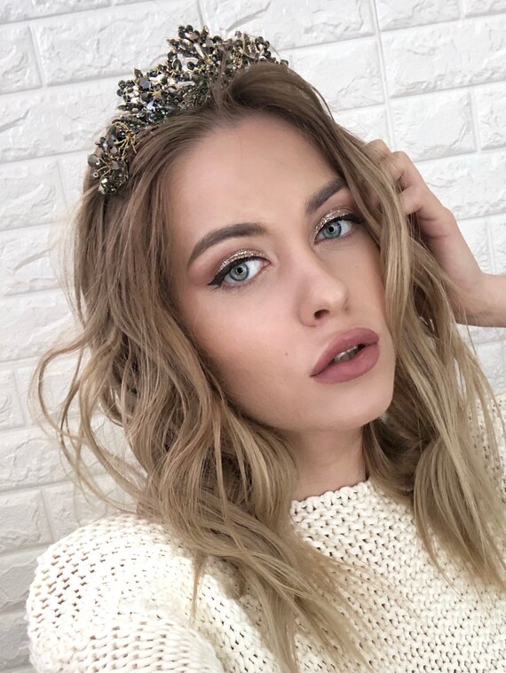 Baroque Headband Black Gold Tiara Wedding Crown Crowns And Etsy