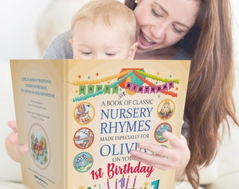 Libro personalizado de rimas infantiles tradicionales para el primer cumpleaños de tu bebé.