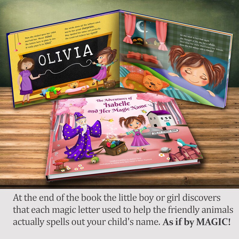 May include: A pink and white children's book with the title "The Adventures of Isabelle and Her Magic Name". The book features illustrations of a girl, a wizard, and a house. The book is open to a page with a girl holding a suitcase with letters inside.