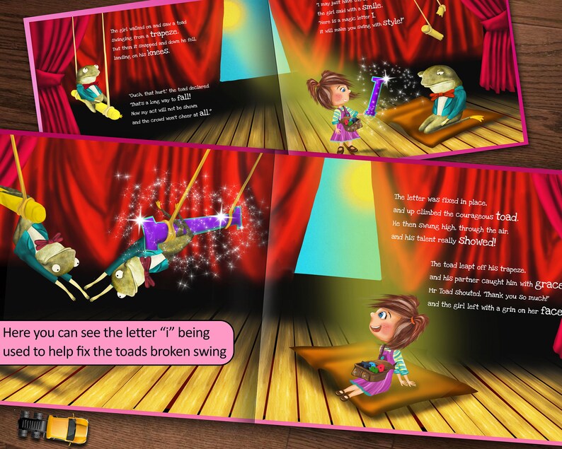 May include: Two green toads on a broken swing are being helped by a girl holding the letter "i" to fix the swing. The toads are wearing bow ties and the girl is wearing a pink dress and holding a basket of colorful yarn.