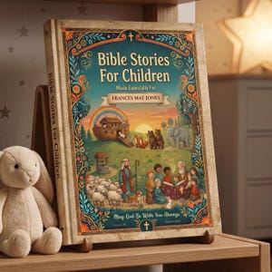 May include: A children's book titled "Bible Stories For Children" with a colorful illustration of biblical scenes, including Noah's Ark, animals, and people. The book is made especially for Frances Mae Jones and includes the text "May God Be With You Always".