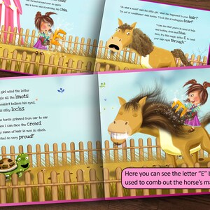 May include: A children's book illustration showing a little girl using the letter "E" to comb out a horse's matted hair. The horse is smiling and the girl is happy. The text on the page reads "Here you can see the letter "E" being used to comb out the horse's matted hair."