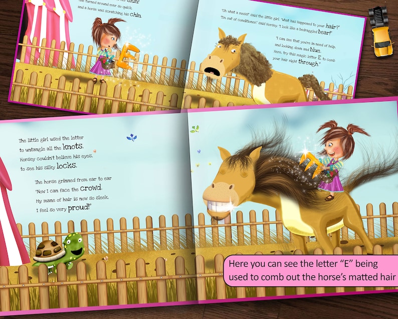 May include: A children's book illustration showing a little girl using the letter "E" to comb out a horse's matted hair. The horse is smiling and the girl is happy. The text on the page reads "Here you can see the letter "E" being used to comb out the horse's matted hair."