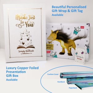 May include: A white gift box with a gold foil design. The box has the text "Made Just For You" and "Lovingly Handmade by MyMagicName Bank". The box is available in a luxury copper foiled presentation.