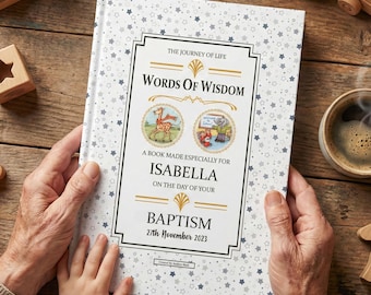 Libro de recuerdo personalizado para bautizo con palabras de sabiduría especiales que incluyen el nombre de su hijo.