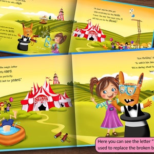May include: A colorful illustration of a rabbit magician using a magic letter "B" to fix a little girl's broken binoculars. The girl is wearing a pink dress and the rabbit is wearing a black tuxedo. The illustration is set in a circus scene with a big top tent in the background.
