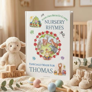 May include: A hardcover book titled Your Own Book of Classic Nursery Rhymes Especially Made for Thomas. The white cover features a central illustration of woodland animals surrounded by a red rose wreath, with smaller drawings of a clock and sun.