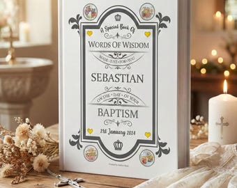 Libro de regalo personalizado para bautizos de niños y niñas. Palabras de sabiduría ilustradas. Recuerdo para siempre.