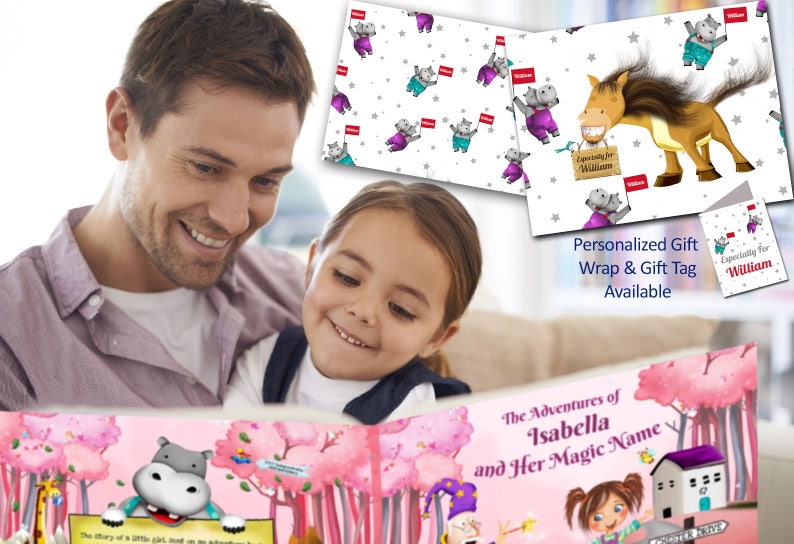 May include: A pink and white illustrated children's book titled "The Adventures of Isabella and Her Magic Name". The book features a cartoon illustration of a girl with brown hair and a pink dress. The book is open and shows a cartoon illustration of a hippopotamus.
