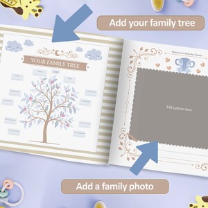 Puede incluir: Un &aacute;lbum de recortes de &aacute;rbol geneal&oacute;gico para beb&eacute;s con un esquema de color azul y marr&oacute;n. El &aacute;lbum tiene una p&aacute;gina con una plantilla de &aacute;rbol geneal&oacute;gico y una p&aacute;gina con un marco de fotos. El texto "Your Family Tree" est&aacute; impreso en la p&aacute;gina con la plantilla de &aacute;rbol geneal&oacute;gico. El texto "Add your family tree" est&aacute; impreso en una flecha azul que apunta a la plantilla de &aacute;rbol geneal&oacute;gico. El texto "Add a family photo" est&aacute; impreso en una flecha azul que apunta al marco de fotos. El texto "Made Just For Molly May Webster" est&aacute; impreso en la p&aacute;gina con el marco de fotos.