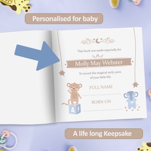 Puede incluir: Un libro para beb&eacute; personalizado con un esquema de color azul claro, marr&oacute;n y blanco. El libro tiene una p&aacute;gina de t&iacute;tulo con el texto "Este libro fue hecho especialmente para Molly May Webster" y un espacio para completar el nombre completo del beb&eacute; y su fecha de nacimiento.