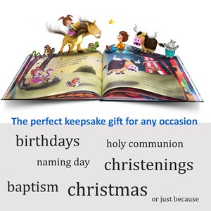 May include: An open book with colorful illustrations of animals and children. The book is titled "The Magical Journey" and has text about a father and daughter. The text below the book reads "The perfect keepsake gift for any occasion: birthdays, holy communion, naming day, christenings, baptism, christmas, or just because."