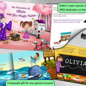 May include: A personalized children's book with a pink cover featuring a girl and a wizard. The title is "The Adventures of Olivia and Her Magic Name". The book is a keepsake gift for any special occasion.