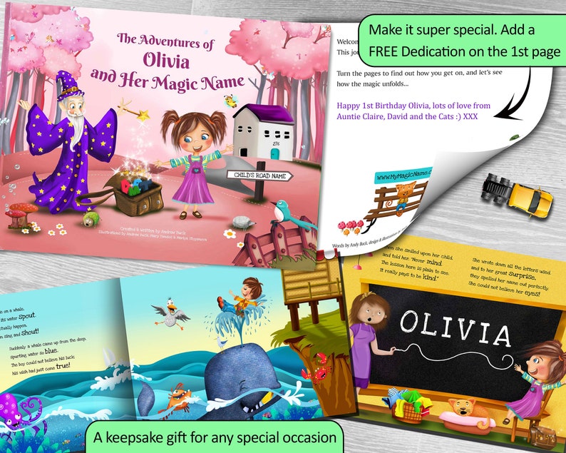 May include: A personalized children's book with a pink cover featuring a girl and a wizard. The title is "The Adventures of Olivia and Her Magic Name". The book is a keepsake gift for any special occasion.