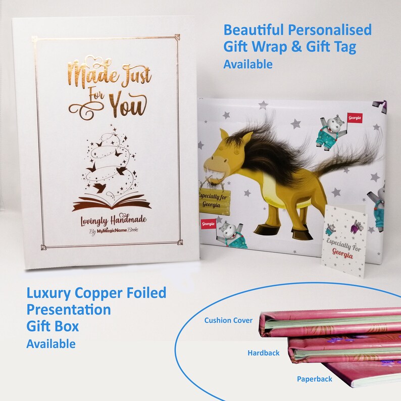 May include: A white gift box with a copper foil design. The box has a gold inscription that reads "Made Just For You" and "Lovingly Handmade by MyMagicName Books". The box is available in a luxury copper foiled presentation.