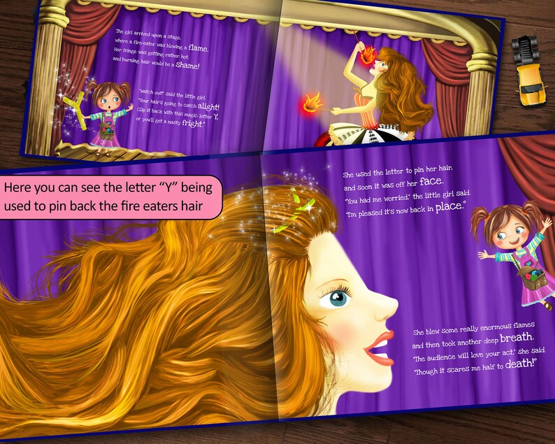 May include: A purple stage curtain with a fire eater performing on stage. The fire eater has long red hair and is wearing a red and white costume. The fire eater is holding a torch in each hand. The text "Watch out!" is written in a speech bubble above the fire eater's head. The text "said the little girl. Your hair's going to catch alight! Clip it back with this magic letter Y! or you'll get a nasty fright!" is written in a speech bubble below the fire eater's head.