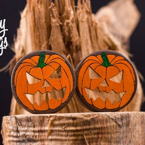 Pair of Colored Halloween Pumpkin Plugs - Carved Jack-o&#39;-lantern ear gauges 24mm 25mm 26mm 27mm  28mm 29mm 30mm 31mm 32mm 34mm 35mm-50mm