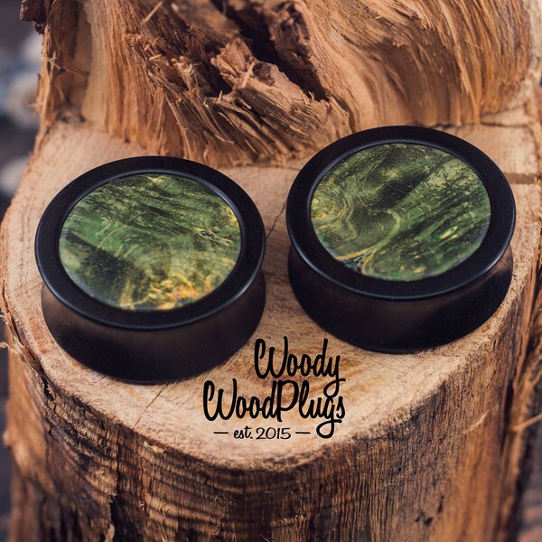 Combined black ear plugs with green Maple , black and green ear gauges size 10mm 00g 12mm 1/2'' 14mm  11/16" 5/8" 19mm 3/4" 25mm up to 2in