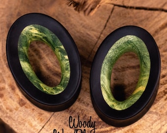 Oval Ear Tunnels with Green Wood inserted, Black and Green Ellipse Ear Tunnels 18mm to 41mm 42mm 43mm 44mm 46mm 47mm 48mm 49mm 50mm