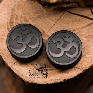 Handmade Om Ear Plugs – Black Gauges with Ohm Symbol – Spiritual Saddle Fit Jewelry – Yoga Meditation Plugs for Stretched Ears 10 to 50mm