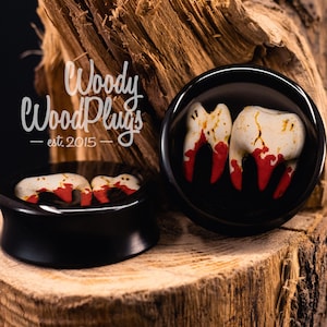 Bloody teeth ear gauges - ebony tooth plugs - 3D dark  plugs - black wood ear gauges 18mm 20mm 22mm 25mm 28mm 30mm 35mm 37mm 40 mm 3/4 1in