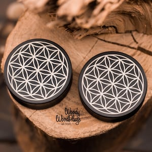 Flowers of Life Plugs - Black ear plugs - Sacred Geometry Ear Gauges - colorful plugs 16mm 18mm 20mm 22mm 24mm - 26mm  28mm  30mm