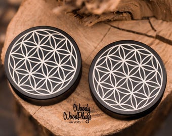 Blume des Lebens Plugs – Schwarze Ohrplugs mit Gravur | Spiritueller Körperschmuck