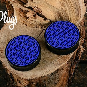 May include: Two black wood plugs with a blue geometric design, displayed on a piece of wood. The image includes the text "Woodwork in Ukraine est. 2015" and "Woody wood Plugs".