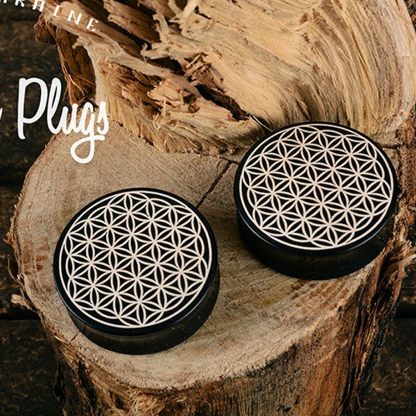 Flowers of Life Plugs - Black ear plugs - Sacred Geometry Ear Gauges - colorful plugs 16mm 18mm 20mm 22mm 24mm - 26mm  28mm  30mm