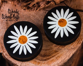 Handmade Chamomile Flower Ear Plugs – Organic Double Flared Gauges – Natural Wood Body Jewelry – Floral Gift for Stretched Ears
