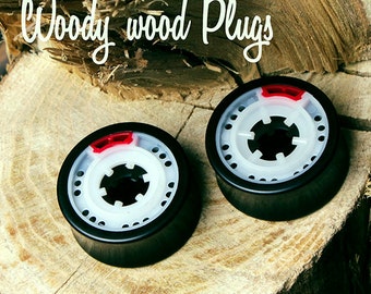 Cassette Tape wheels ear plugs 25-40 mm - recycled black plugs and tunnels, cassette tape wheels ear gauges and plugs 25mm 26mm 28mm 30mm