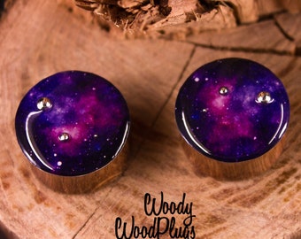 Galaxy Ear Plugs with Space Engraving – Handmade Wooden Saddle Fit Gauges – Cosmic Body Jewelry – Gift for Stretched Ears – Organic Plugs