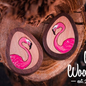 Handcrafted Teardrop Pink Flamingo Wood Plugs  Ear Gauge – Sizes 22mm–50mm