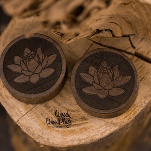 Double Flared Tamarind Wood Laser Golden Lotus Ear Plugs Double Flared Tamarind Wood Laser Golden Lotus Ear Plugs
