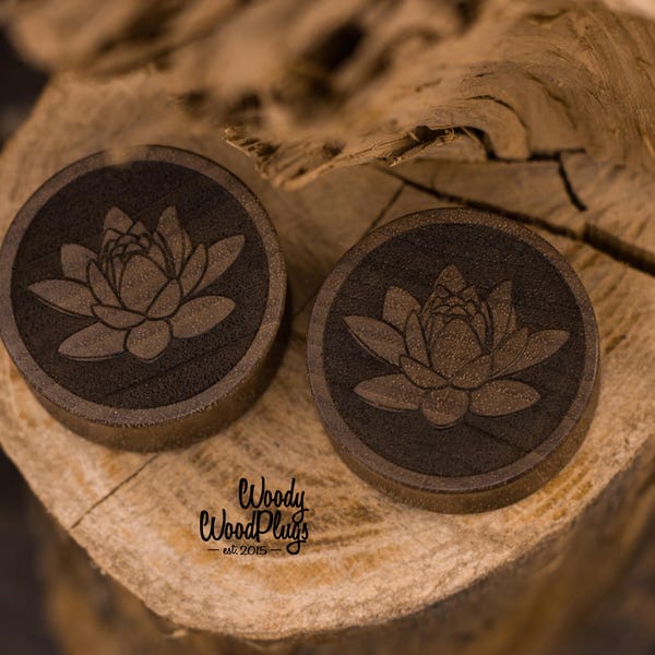 Pair of Floral Wooden Plugs, Lotus ear gauges 14 mm 9/16" 16mm 5/8"  18mm 11/16" 19mm 3/4" 20mm  13/16" 22mm 7/8" 24mm to 2inch