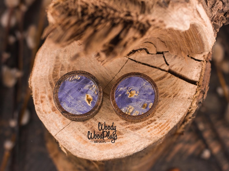 May include: Two round wooden plugs with a blue and gold marbled design. The plugs have a dark brown wooden frame. The image is set on a wooden background. The text "Woody WoodPlugs est. 2015" is visible.