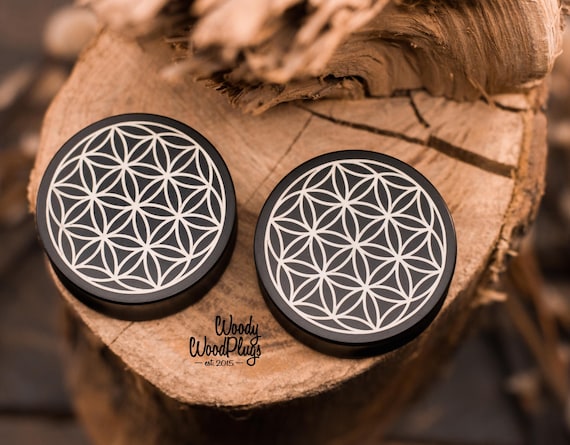 Flowers of Life Plugs - Black ear plugs - Sacred Geometry Ear Gauges - colorful plugs 16mm 18mm 20mm 22mm 24mm - 26mm  28mm  30mm