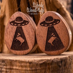 Area 51 druppelvormige oordopjes - UFO gegraveerde houten pluggen - Alien ontvoering Halloween oordopjes met meters 18mm 20mm 22mm 24mm 25mm 26mm 28mm 30mm afbeelding 9