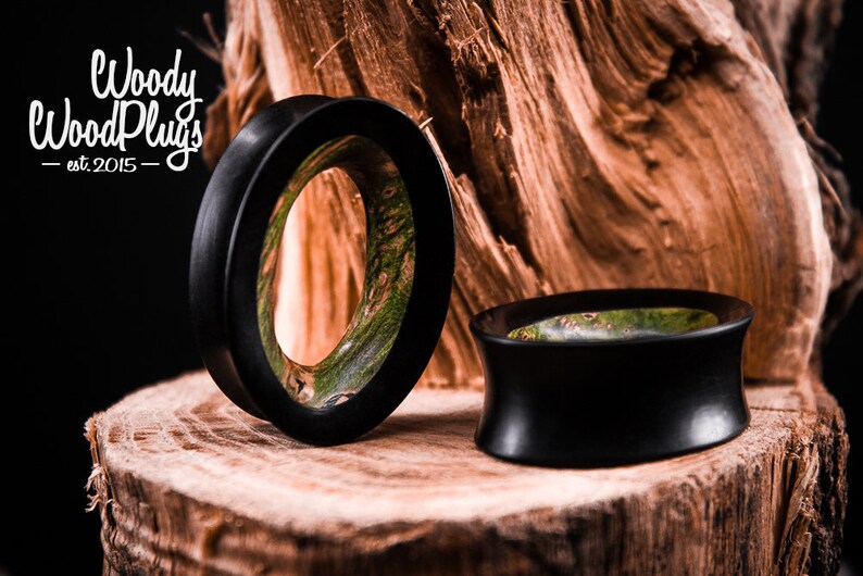 Oval Ear Tunnels With Green Wood Inserted Black and Green Etsy