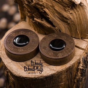 Ear Plugs With Greek Ornament Double Flared Plug Wooden Gauges Sizes 18mm - 50mm Plugs and Tunnels