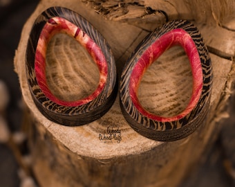 Teardop plugs with red/purple maple inlaid- Blue wood Ear Tunnels - dropshaped colorful gauges 20mm-50mm 13/16'' to 2 inch