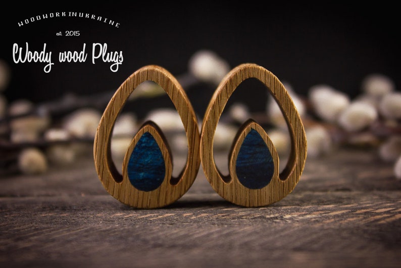 Double Teardrop Wooden Ear Plugs Gauges With Blue Stabilized Etsy
