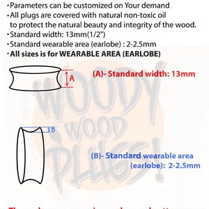 May include: A pair of double flared wood ear plugs. The plugs are handmade and 100% organic. The image shows the standard width of 13mm (1/2 inch) and the standard wearable area of 2-2.5mm. The text on the image reads: "All sizes is for WEARABLE AREA (EARLOBE)"